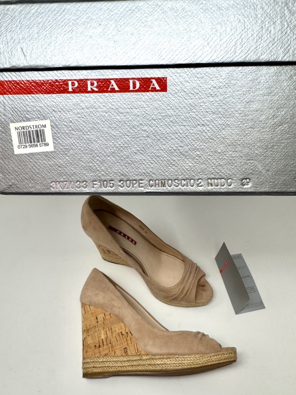 Prada Beige Suede Cork Wedge Peep-Toe Espadrille Pumps - Picture 2 of 14